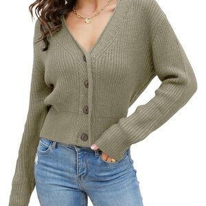 Febriajuce V-Neck Button Down Rib Knit Cropped Cardigan Sweater
